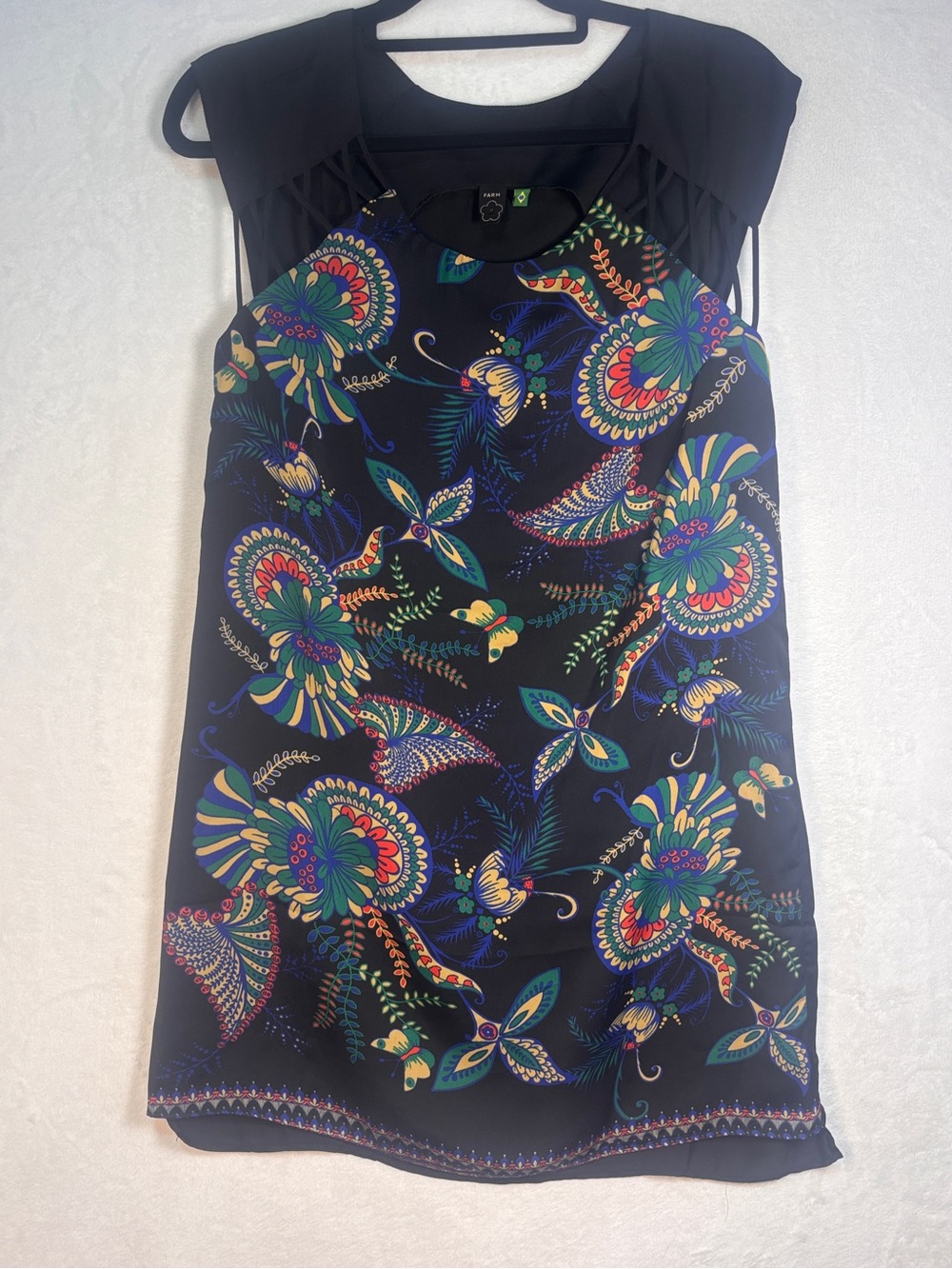 FARM Rio Black Tropical Butterfly Cutout Sleeveless Shift Mini Dressn